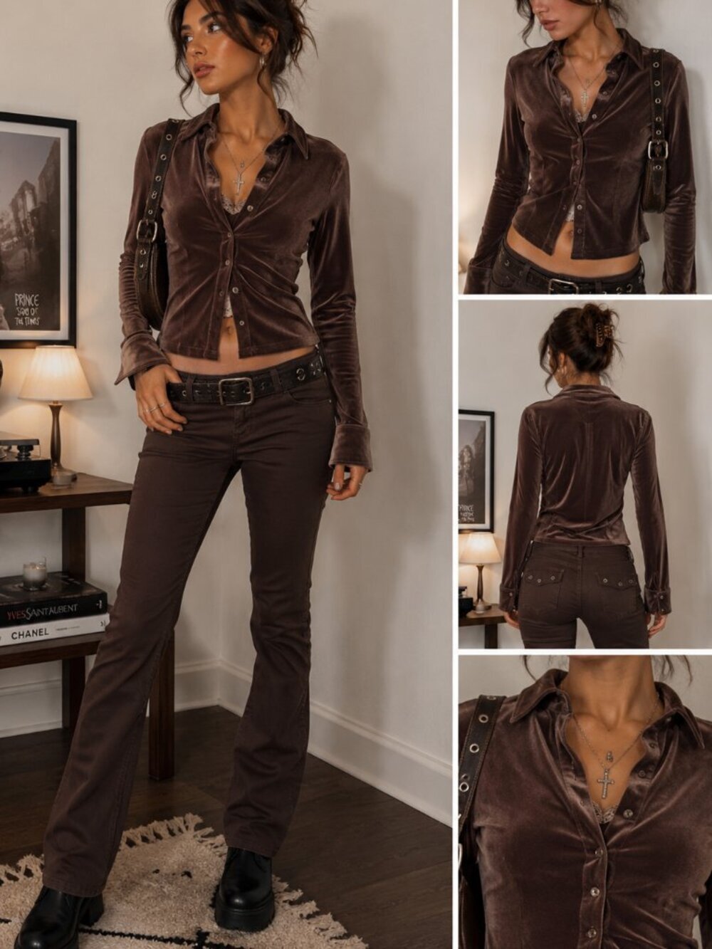 VS Sport Brown Velvet Button Down Top Women's Small Y2K Soft Girl 90s Stretch